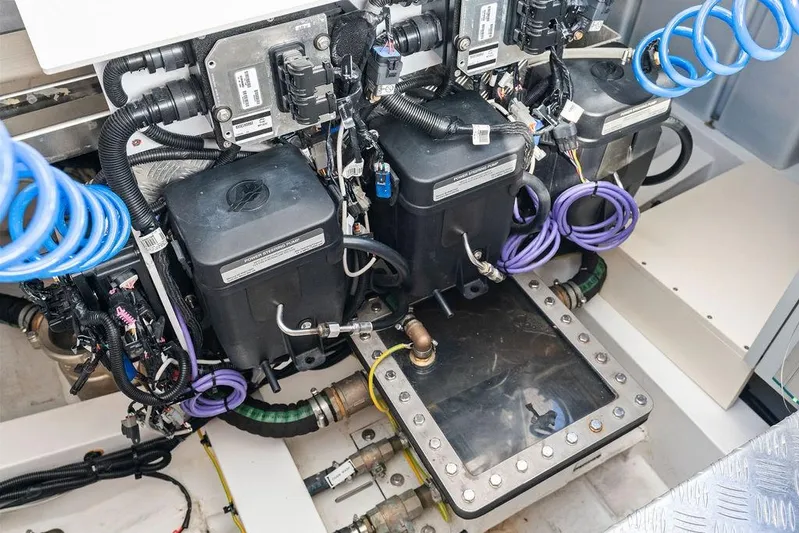  Yacht Photos Pics Engine room of 2024 Azimut Verve 42 yacht, showcasing advanced mechanical components.