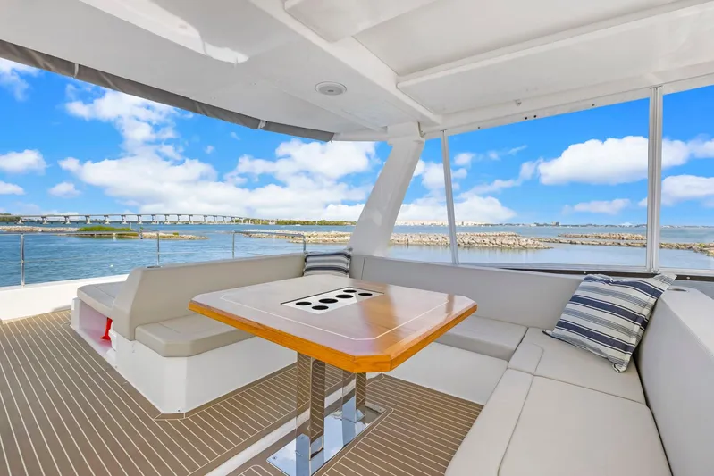 Prelude Yacht Photos Pics Luxurious 2024 Leopard 46 Powercat yacht interior with ocean view and comfortable seating.