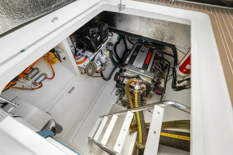 Prelude Yacht Photos Pics Engine compartment of 2024 Leopard 46 Powercat, featuring Yamaha engine and electrical components.