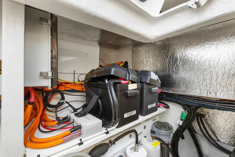 Prelude Yacht Photos Pics 2024 Leopard 46 Powercat engine room with batteries and wiring.