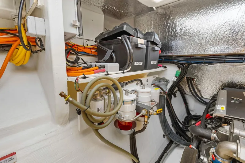 Prelude Yacht Photos Pics Engine room of 2024 Leopard 46 Powercat with wiring and fuel filters.