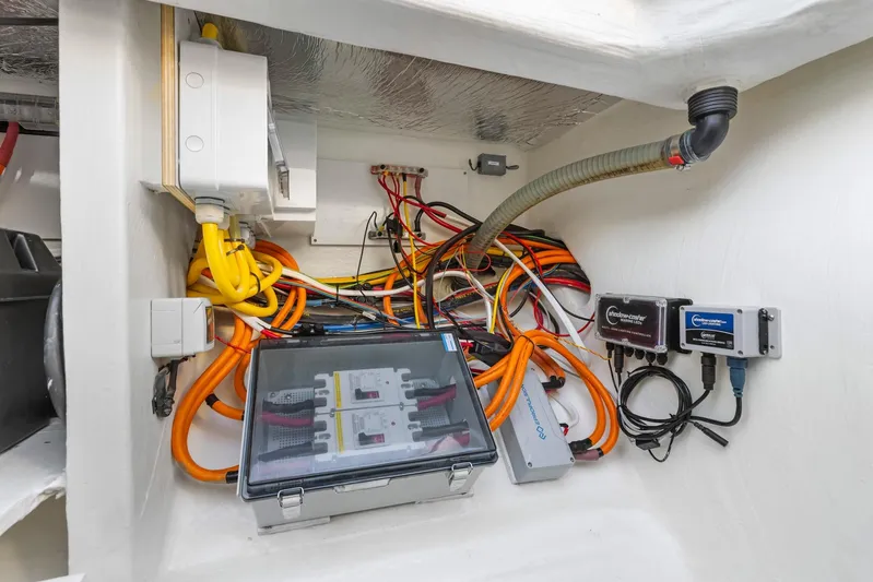 Prelude Yacht Photos Pics Electrical wiring and components inside a 2024 Leopard 46 Powercat boat.