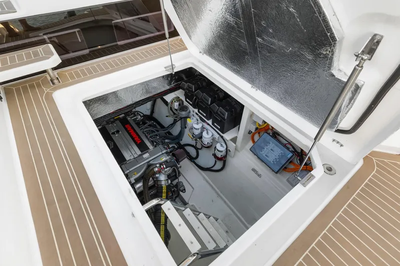 Prelude Yacht Photos Pics Engine compartment of 2024 Leopard 46 Powercat, showcasing modern marine technology and design.