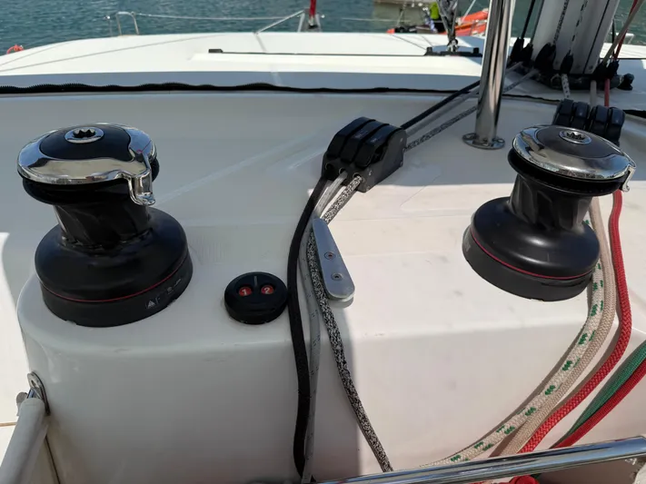 La Mer Yacht Photos Pics Winches and ropes on a 2020 Lagoon 42 catamaran deck.