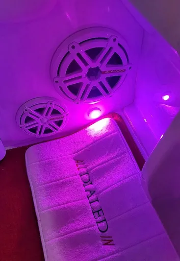  Yacht Photos Pics 2008 Donzi 35 ZR interior with purple LED lighting and speakers.