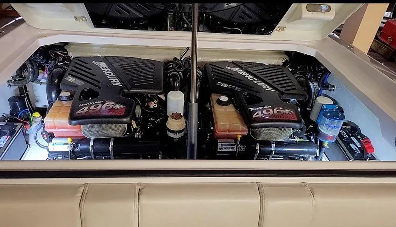  Yacht Photos Pics 2008 Donzi 35 ZR engine compartment with twin Mercury 496 engines.