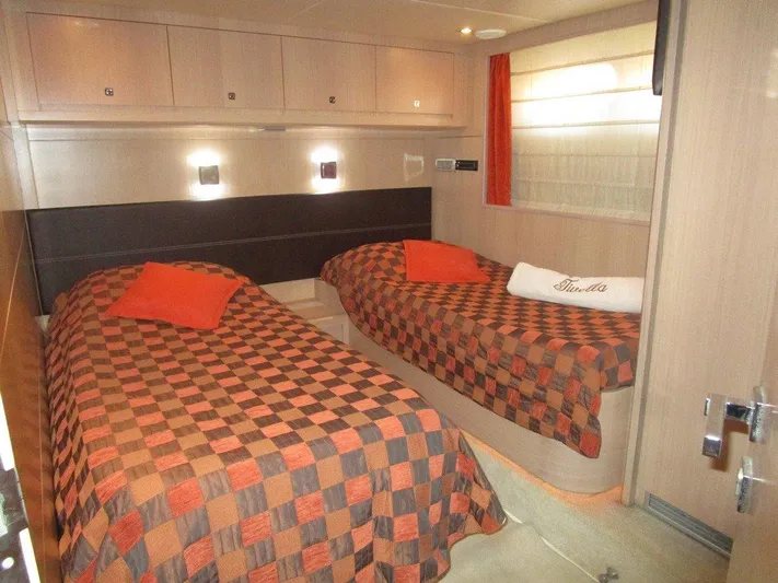 M/y Tivella Yacht Photos Pics Twin cabin with checkered bedding in 2009 VZ 68 yacht interior.