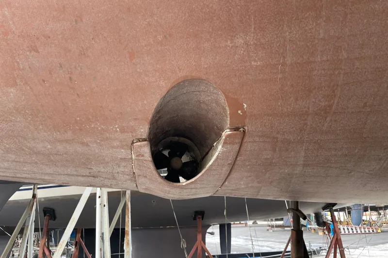 Eclipse Yacht Photos Pics 2014 Jeanneau Sun Odyssey 439 hull with bow thruster in dry dock.
