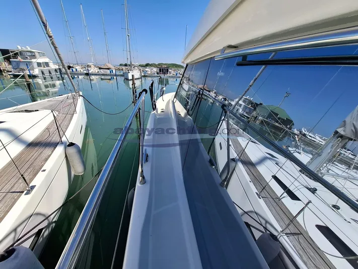  Yacht Photos Pics 2019 Prestige 420 Flybridge yacht docked in a marina, reflecting clear blue skies.