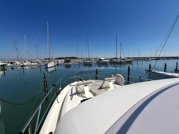  Yacht Photos Pics Prestige 420 Flybridge Line 2019 yacht docked in a serene marina under clear blue skies.