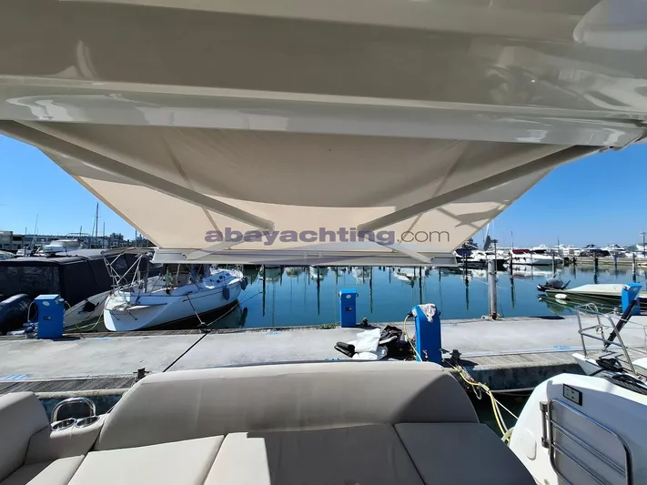  Yacht Photos Pics 2019 Prestige 420 Flybridge yacht with sunshade, docked at marina.