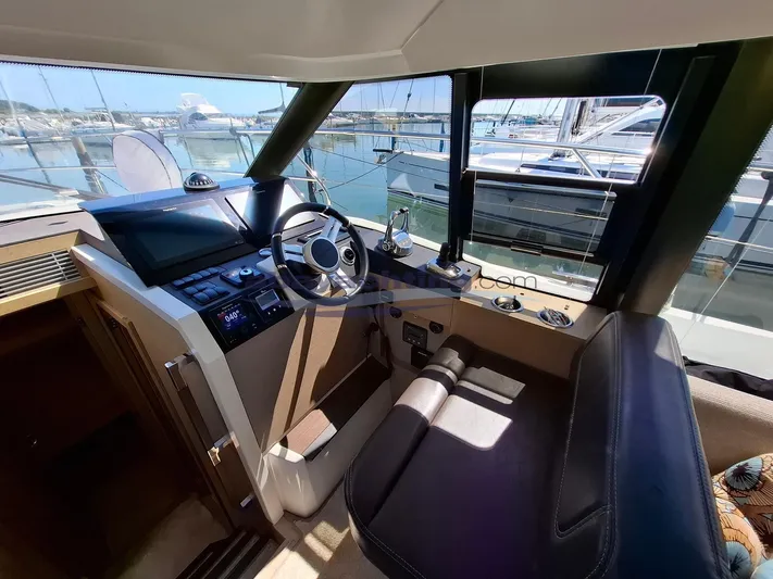  Yacht Photos Pics 2019 Prestige 420 Flybridge Line yacht helm with modern controls and marina view.