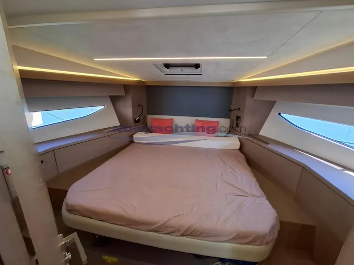  Yacht Photos Pics Luxurious bedroom interior of 2019 Prestige 420 Flybridge yacht with modern design.
