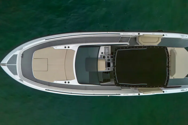  Yacht Photos Pics Overhead view of 2023 Rio Yachts Daytona 34 on water.