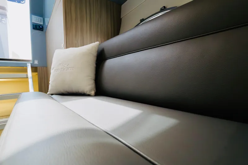  Yacht Photos Pics Luxurious interior of 2023 Rio Yachts Daytona 34 with plush seating and branded cushion.