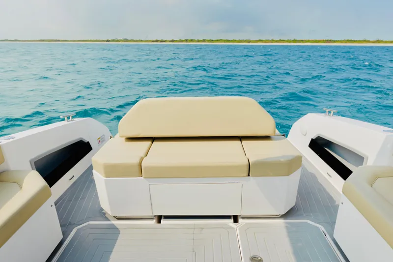  Yacht Photos Pics 2023 Rio Yachts Daytona 34, rear seating view, on open water.