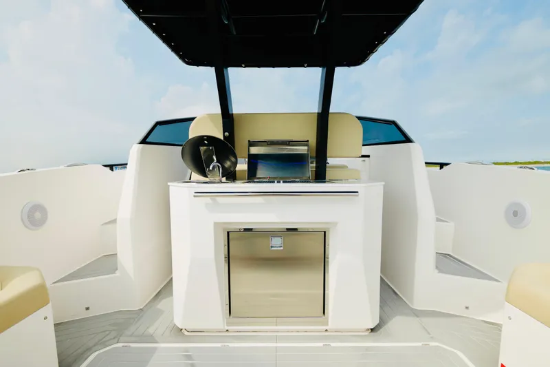  Yacht Photos Pics 2023 Rio Yachts Daytona 34 cockpit with modern helm and seating.