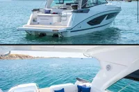 2024 Bavaria Sport 36 Open yacht on serene water, featuring luxurious seating and dining area.