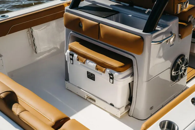  Yacht Photos Pics Manufacturer Provided Image: 2025 Key West 239 FSR boat interior with tan seating and built-in cooler.