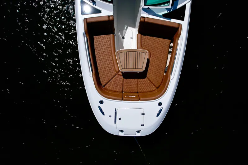 Getting There Yacht Photos Pics Aerial view of 2017 Boston Whaler Vantage 320 boat on water.
