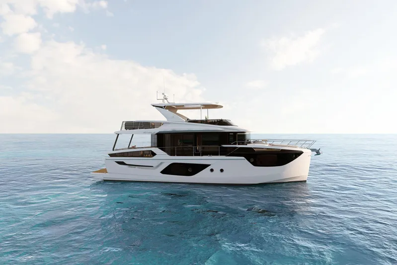  Yacht Photos Pics 2026 Absolute NAVETTA 58 yacht cruising on calm ocean waters under a clear sky.