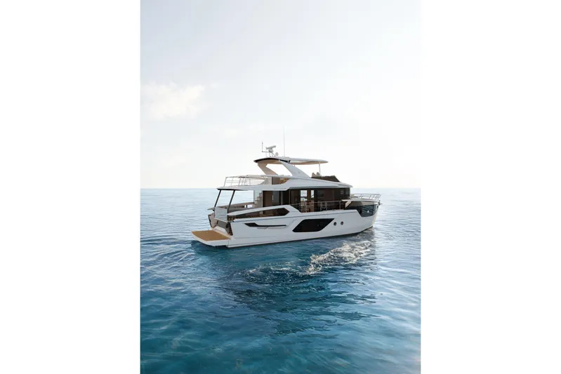  Yacht Photos Pics Luxury yacht Absolute NAVETTA 58, 2026 model, cruising on serene blue waters.