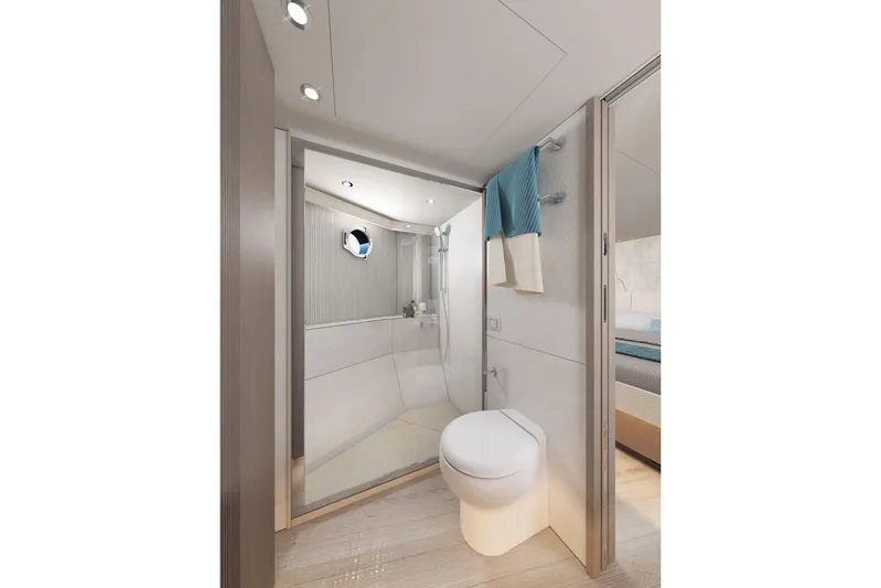  Yacht Photos Pics Luxurious bathroom in 2026 Absolute NAVETTA 58 yacht, featuring modern fixtures and elegant design.