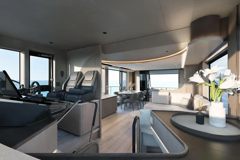  Yacht Photos Pics Luxurious interior of 2026 Absolute NAVETTA 58 yacht with modern seating and elegant decor.