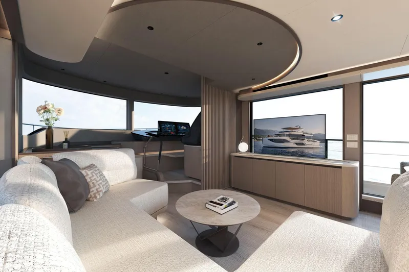  Yacht Photos Pics Luxurious interior of 2026 Absolute NAVETTA 58 yacht with modern furnishings and panoramic windows.