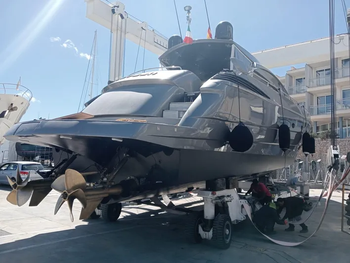 Oxygen III Yacht Photos Pics 2007 Pershing 56 yacht on dry dock for maintenance and inspection.