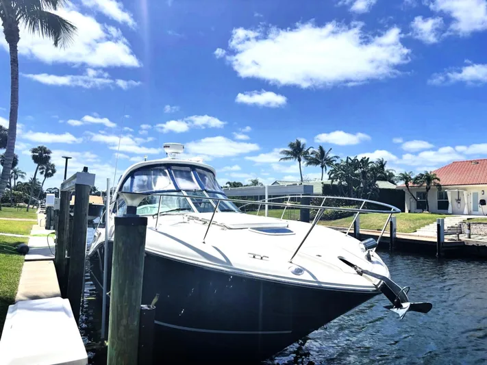 Mocaccino Yacht Photos Pics 2011 Sea Ray 350 Sundancer docked under a clear blue sky with palm trees.
