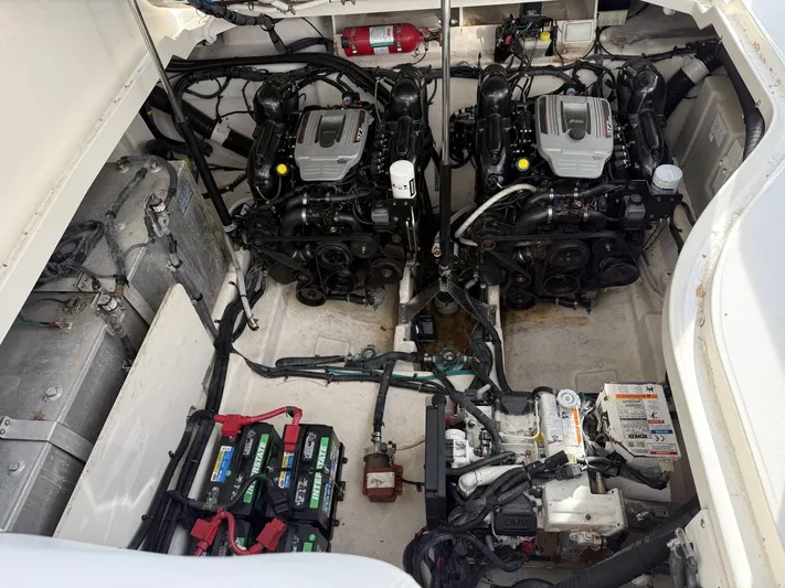 Mocaccino Yacht Photos Pics Engine compartment of 2011 Sea Ray 350 Sundancer with dual engines and batteries.