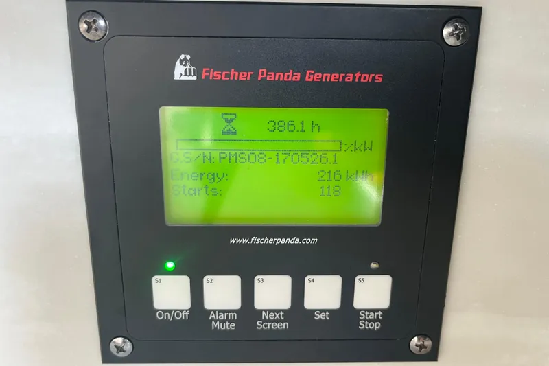  Yacht Photos Pics Fischer Panda generator display on 2018 Intrepid 407 Cuddy, showing operational data.
