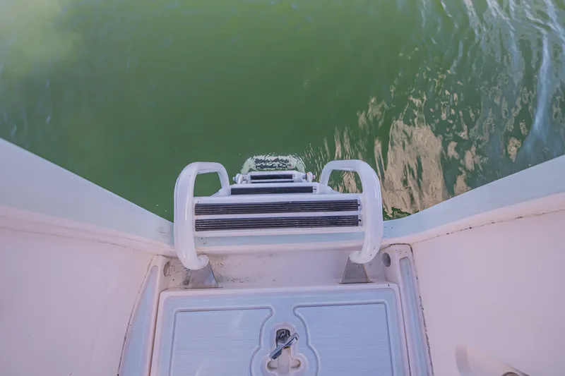 Yacht Photos Pics 2018 Intrepid 407 Cuddy swim ladder over green water.