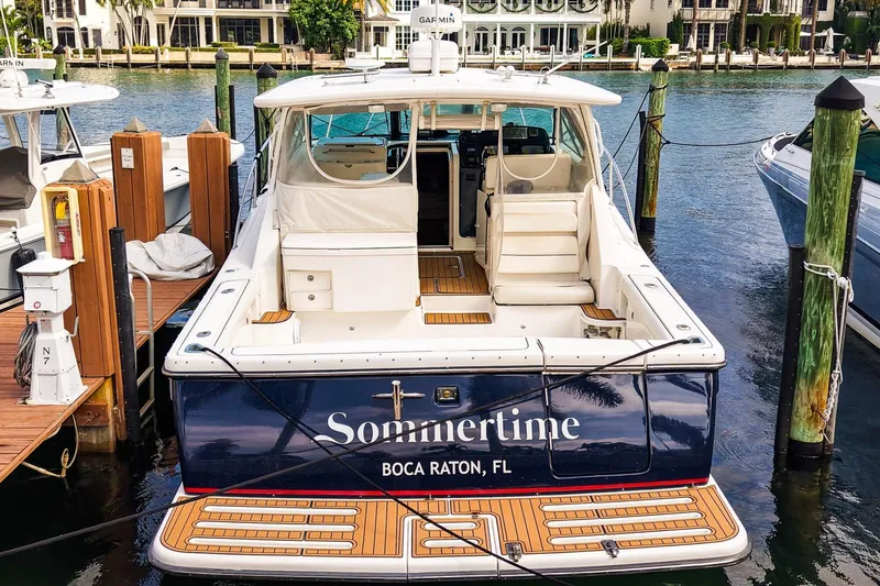 Sommertime Yacht Photos Pics 2005 Tiara Yachts 3800 Open docked in Boca Raton, Florida marina.