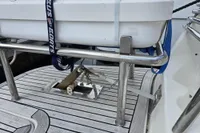 2006 Nimbus 350 Coupe boat deck with secured equipment and stainless steel fittings.
