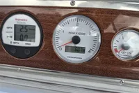 Boat dashboard with Raymarine depth gauge and Volvo Penta RPM meter, Nimbus 350 Coupe 2006.