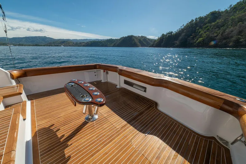 Scandaloso Yacht Photos Pics Luxurious 2006 Viking 56 yacht deck with scenic ocean view and wooden finishes.