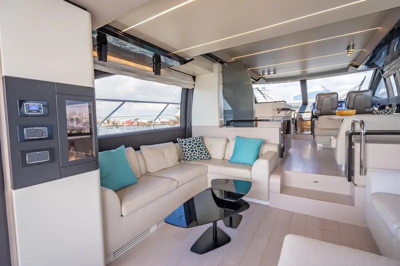  Yacht Photos Pics Luxurious interior of 2019 Azimut 66 yacht with modern seating and elegant decor.