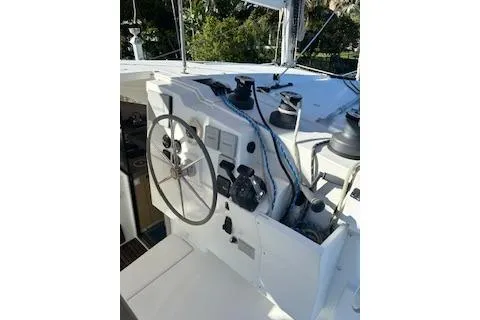 Vahevala Yacht Photos Pics 2019 Fountaine Pajot Lucia 40 yacht helm with steering wheel and control panel.