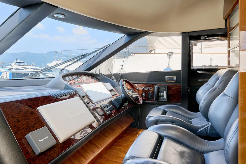  Yacht Photos Pics Luxurious 2009 Princess 23M yacht cockpit with leather seats and advanced navigation controls.