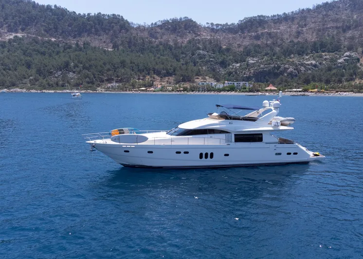  Yacht Photos Pics Luxurious 2009 Princess 23M yacht cruising on serene blue waters near a forested coastline.
