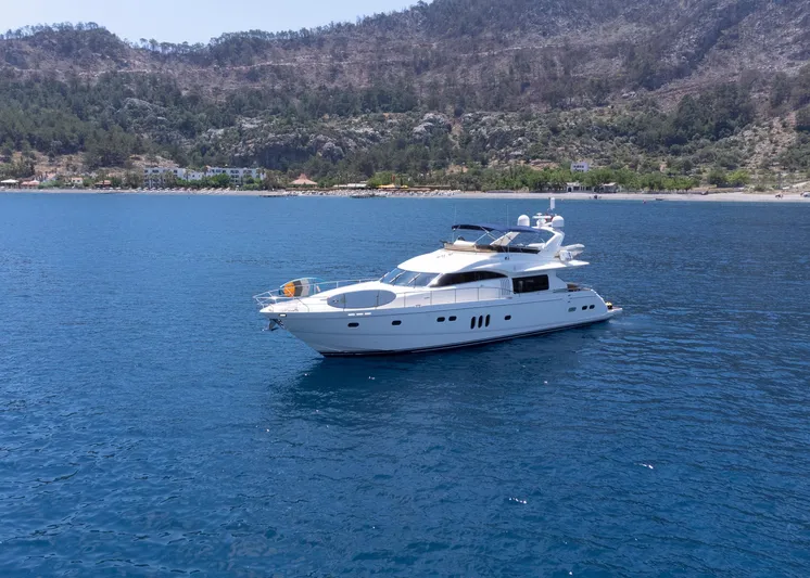  Yacht Photos Pics Luxurious 2009 Princess 23M yacht cruising on serene blue waters near a scenic coastline.