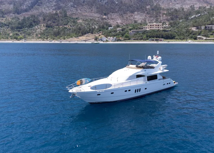  Yacht Photos Pics Luxurious 2009 Princess 23M yacht cruising on serene blue waters near a scenic coastline.