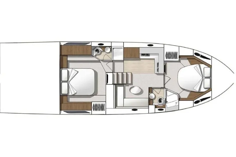 Magic Carpet Yacht Photos Pics Floor plan of 2015 Beneteau Gran Turismo 49 yacht, featuring two bedrooms and a central living area.