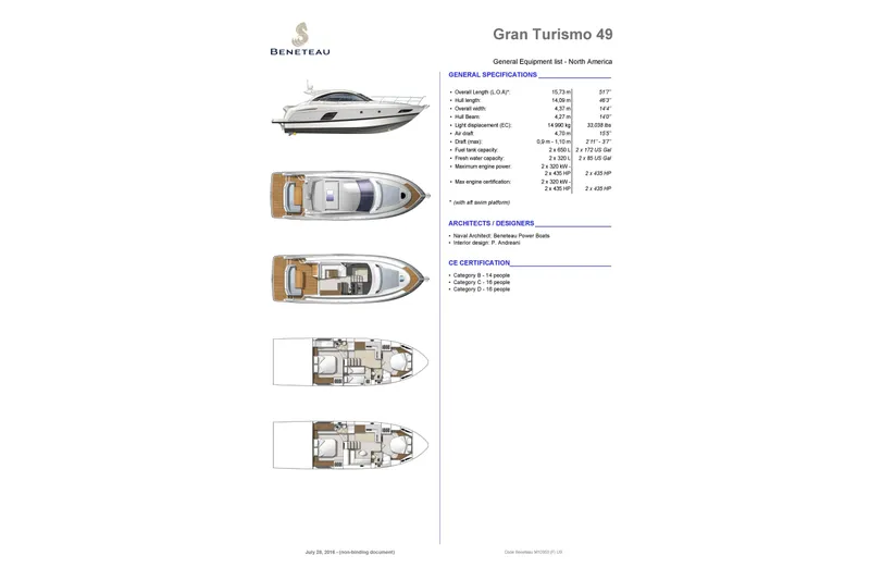 Magic Carpet Yacht Photos Pics Beneteau Gran Turismo 49, 2015 model specifications and layout with top and side views.