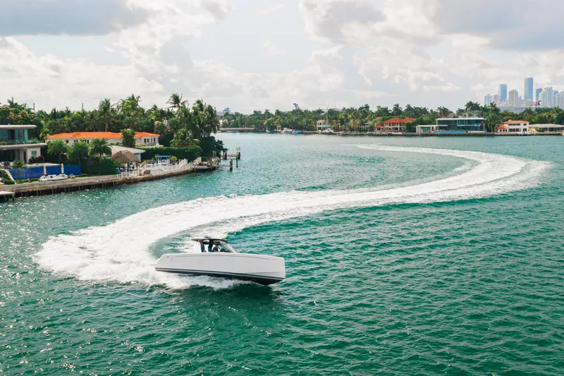 The Wolf Yacht Photos Pics 2021 Pardo Yachts 38 cruising in a scenic coastal waterway.