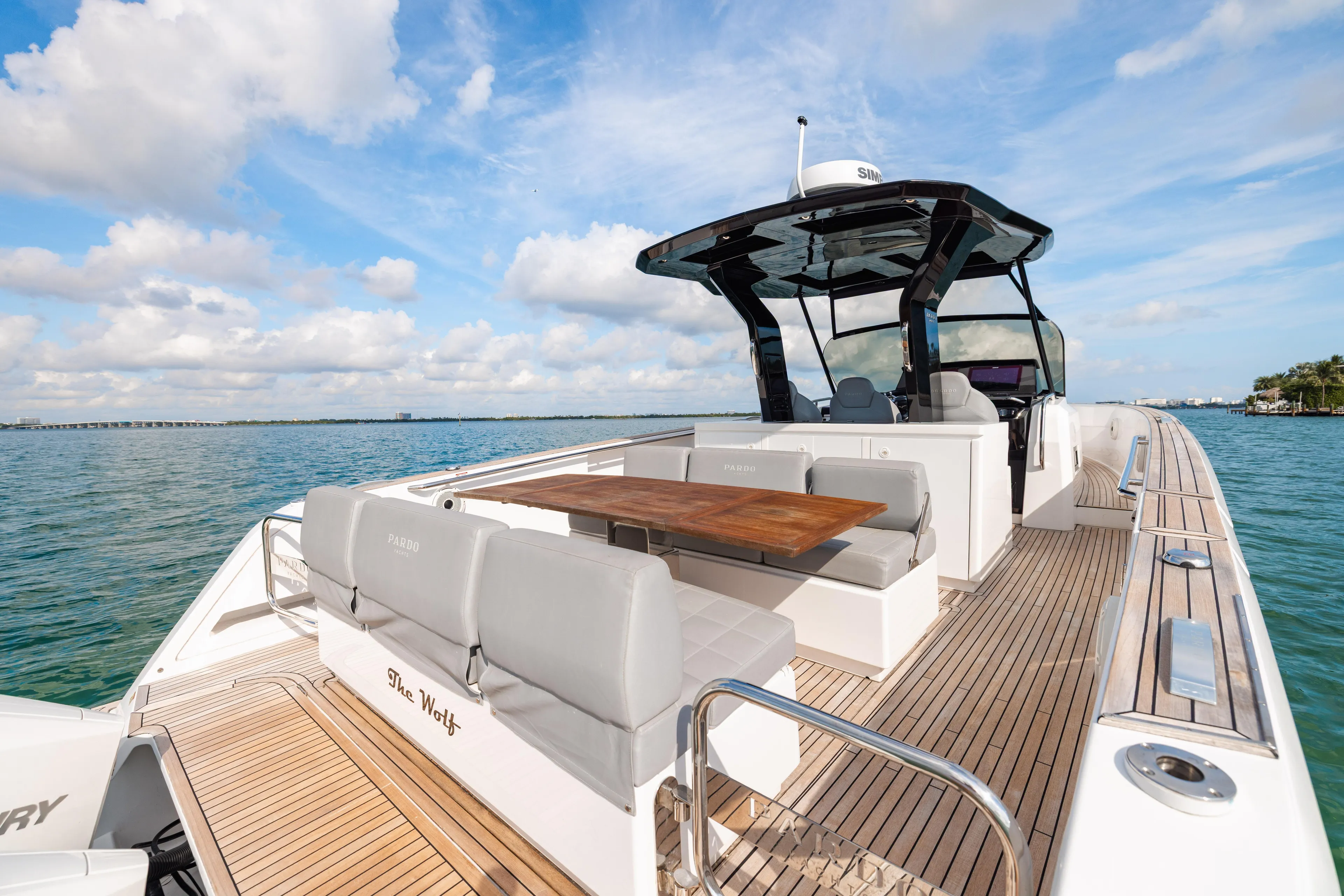 The Wolf Yacht Photos Pics Luxury 2021 Pardo Yachts 38 on serene water, featuring sleek design and spacious deck.