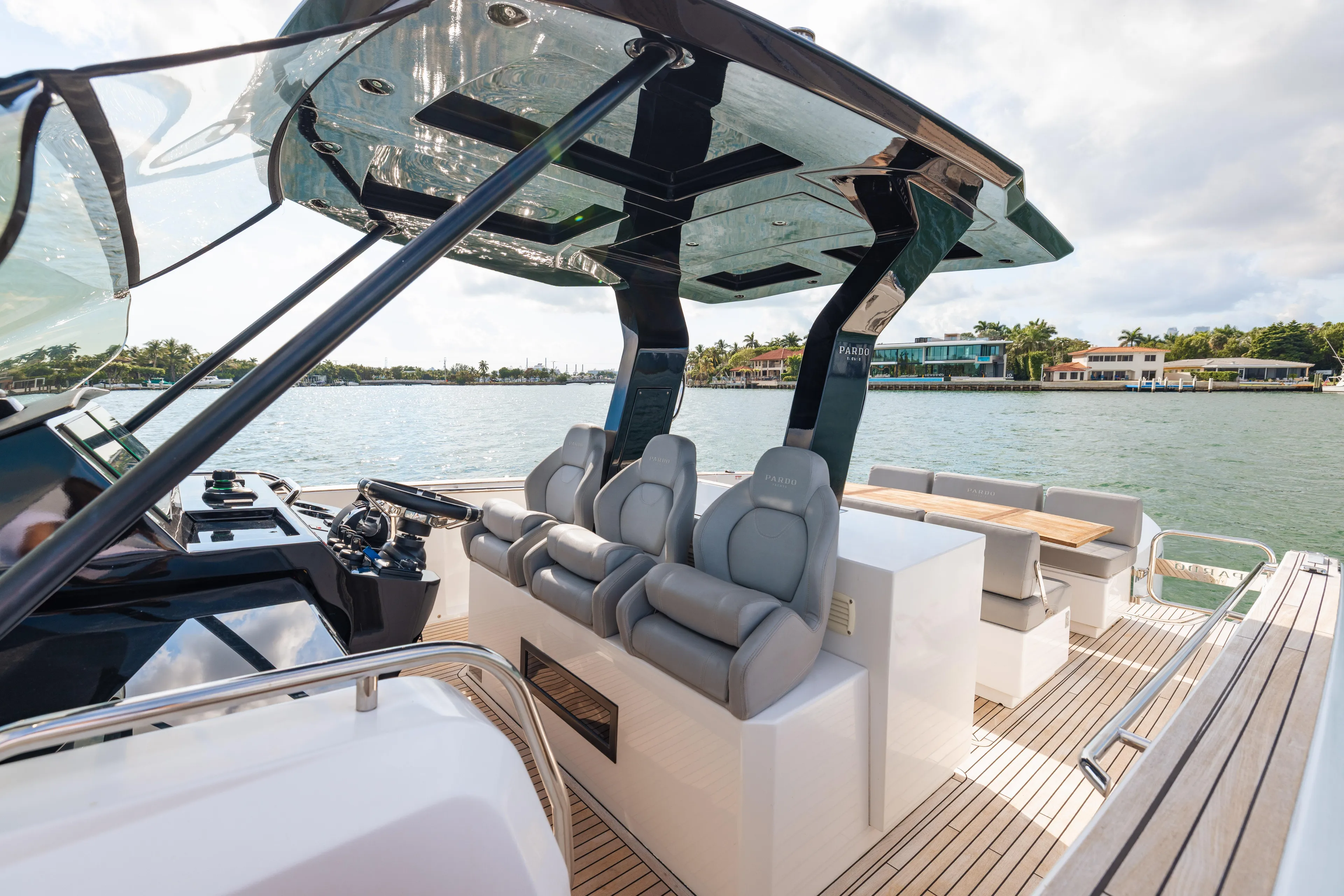 The Wolf Yacht Photos Pics Luxurious 2021 Pardo Yachts 38 interior with sleek seating and modern helm design.