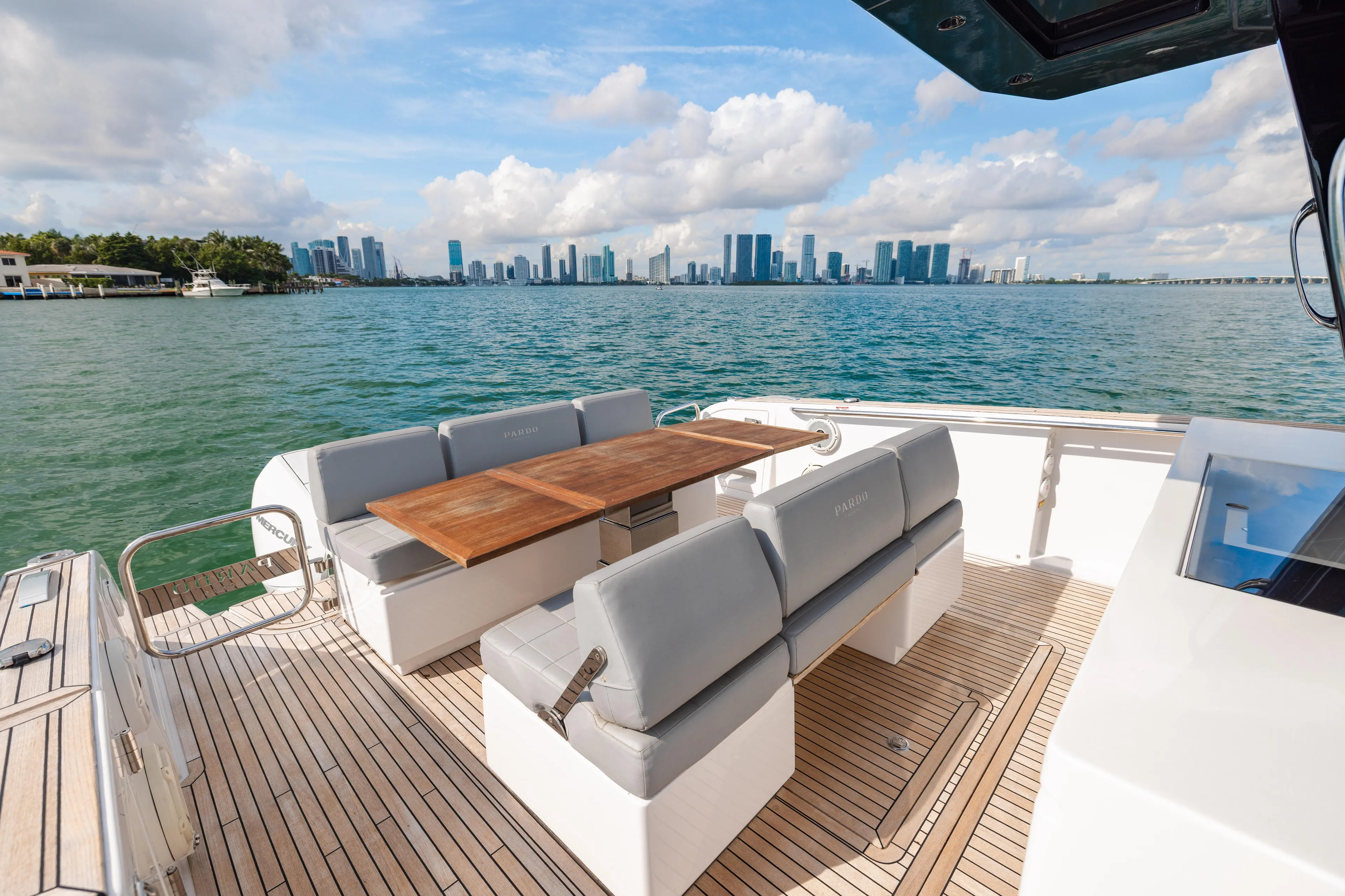The Wolf Yacht Photos Pics Luxury Pardo Yachts 38, 2021 model, with elegant deck and city skyline view.